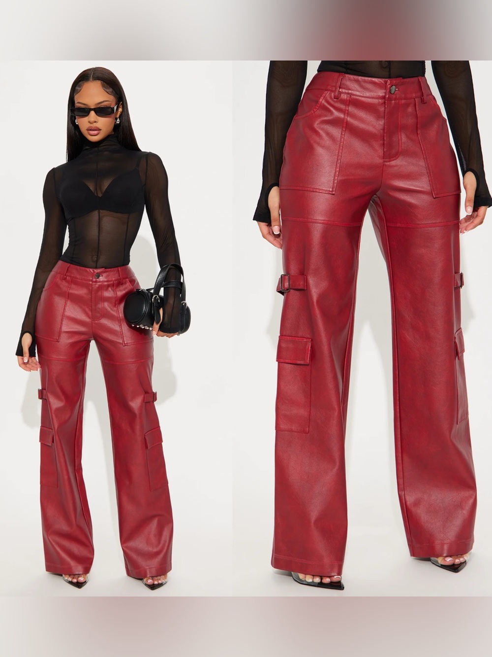 Faux Leather Cargo Pants - Red